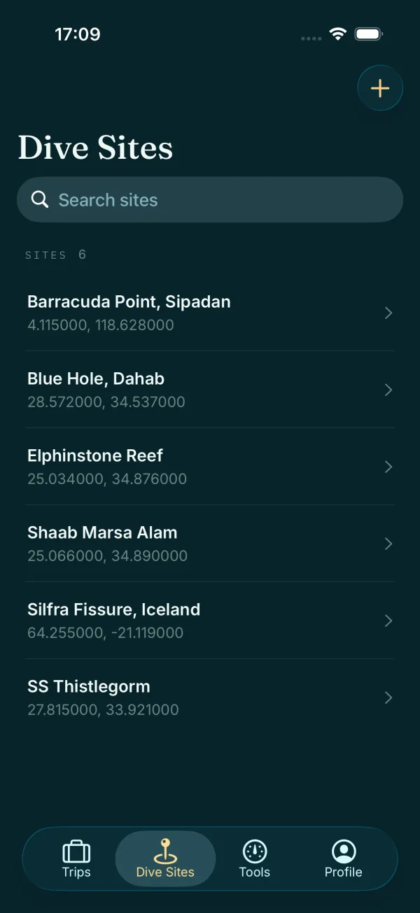Sites list filterable by name and proximity.